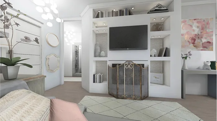 Render della parete del soggiorno di Pink House a Cagliari