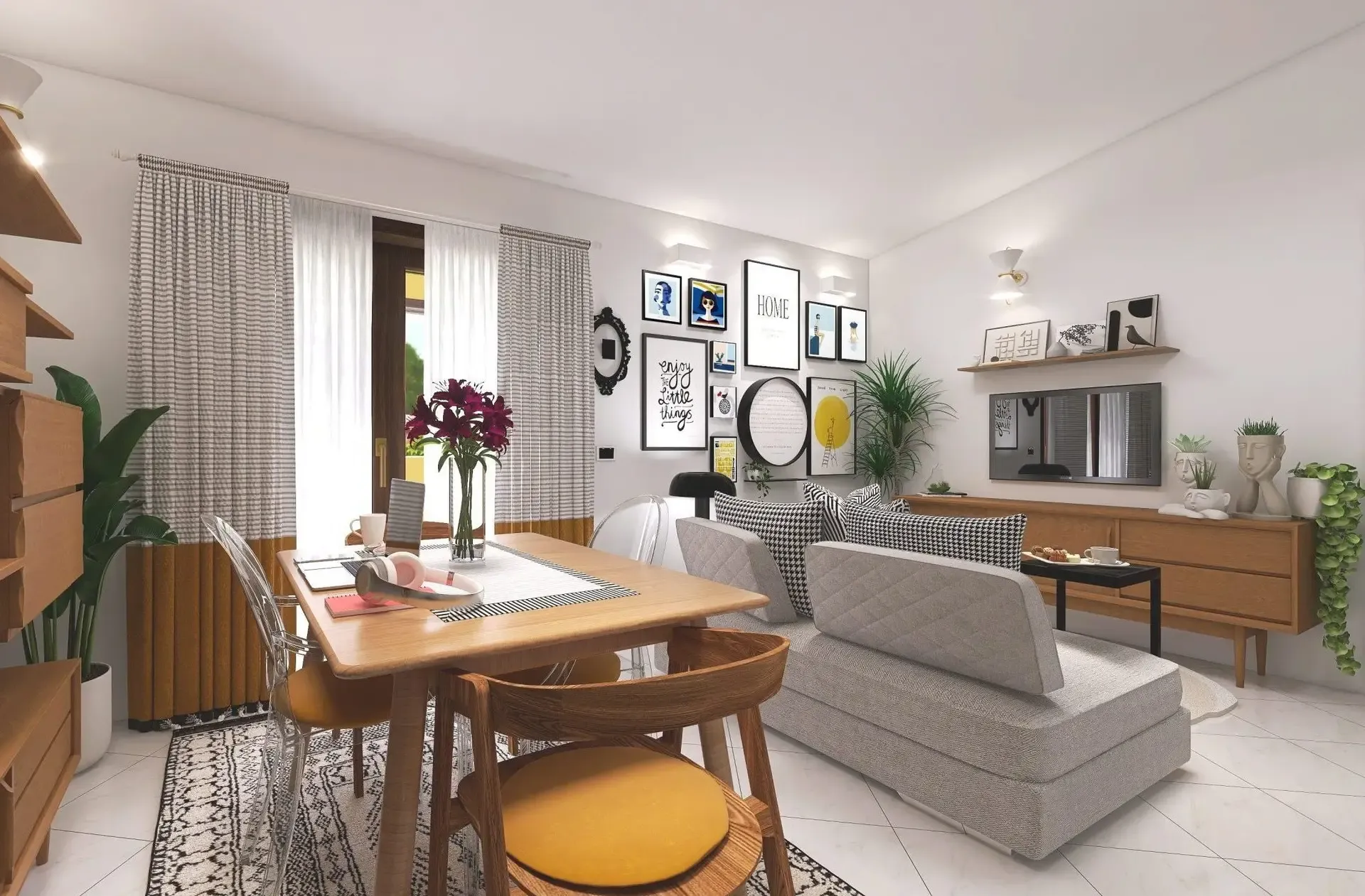 Render del soggiorno di Yellow House a Capoterra dopo il restyling