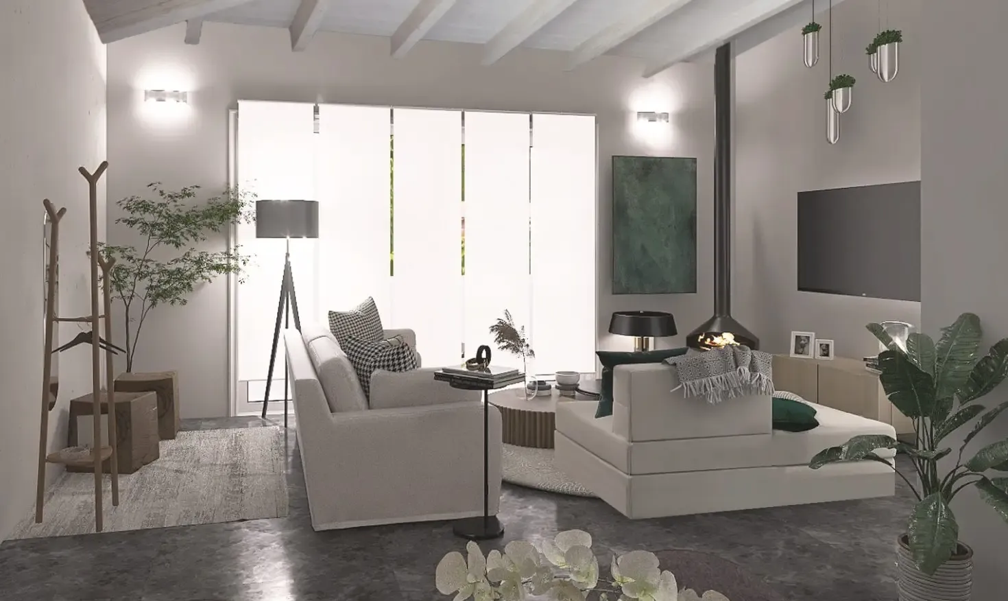 Render del soggiorno e della cucina open space di Green House a Donori