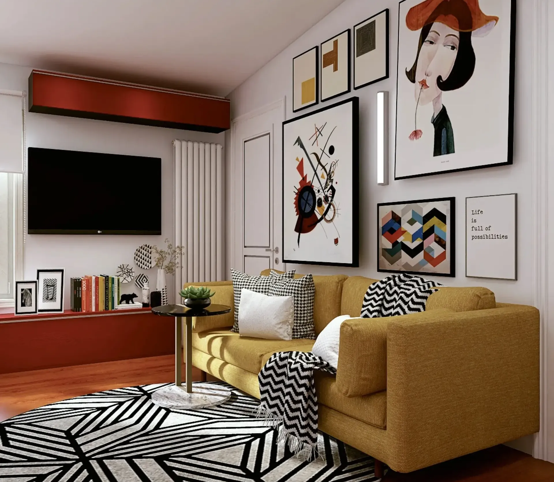 Render del soggiorno di Red House a Milano dopo il restyling