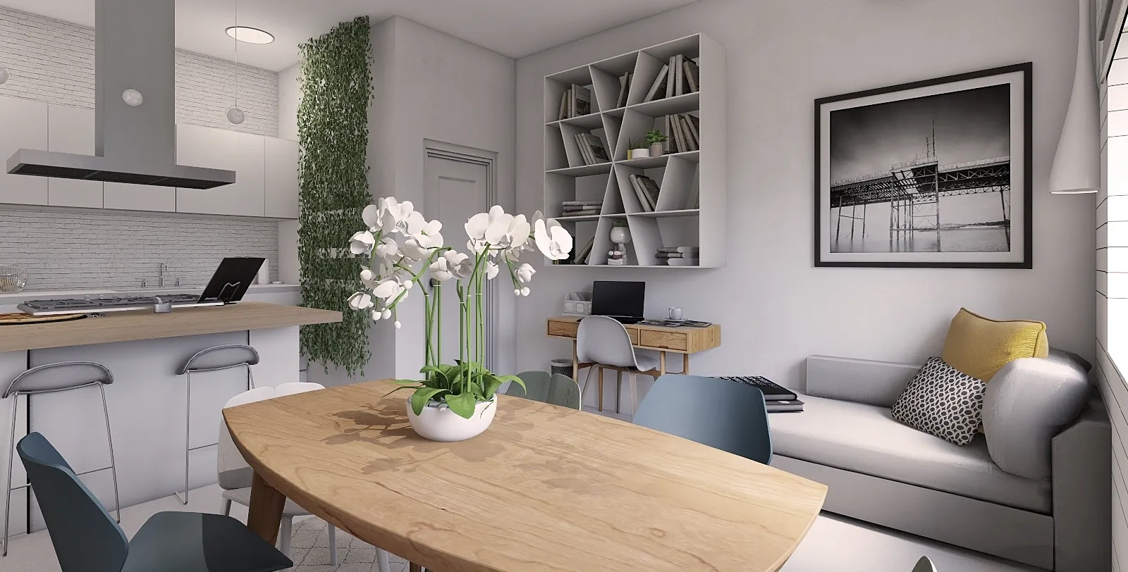 Render della cucina di Light Blue House a Cagliari
