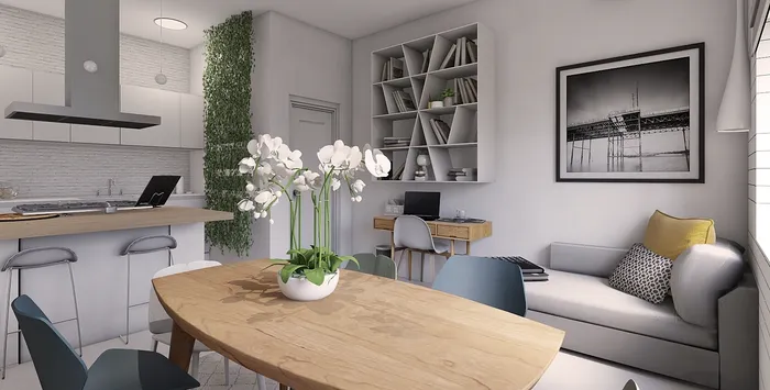 Render della cucina di Light Blue House a Cagliari