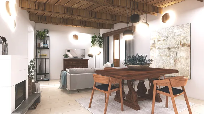 Render del soggiorno di Brown House a Donori