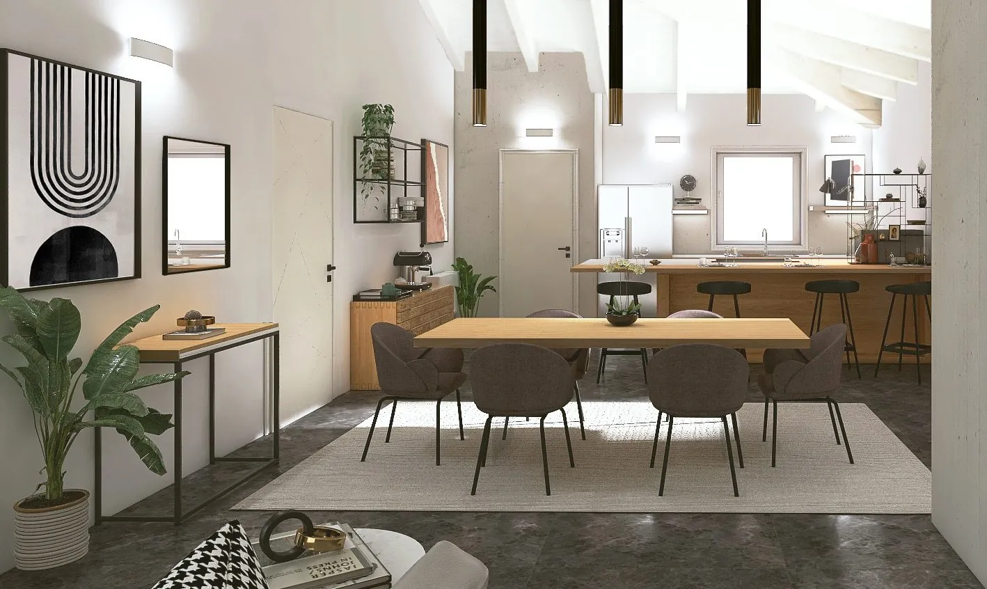 Render della cucina di Green House, con isola e finiture chiare