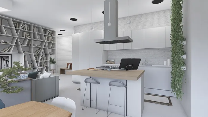 Render della cucina di Light Blue House, seconda inquadratura