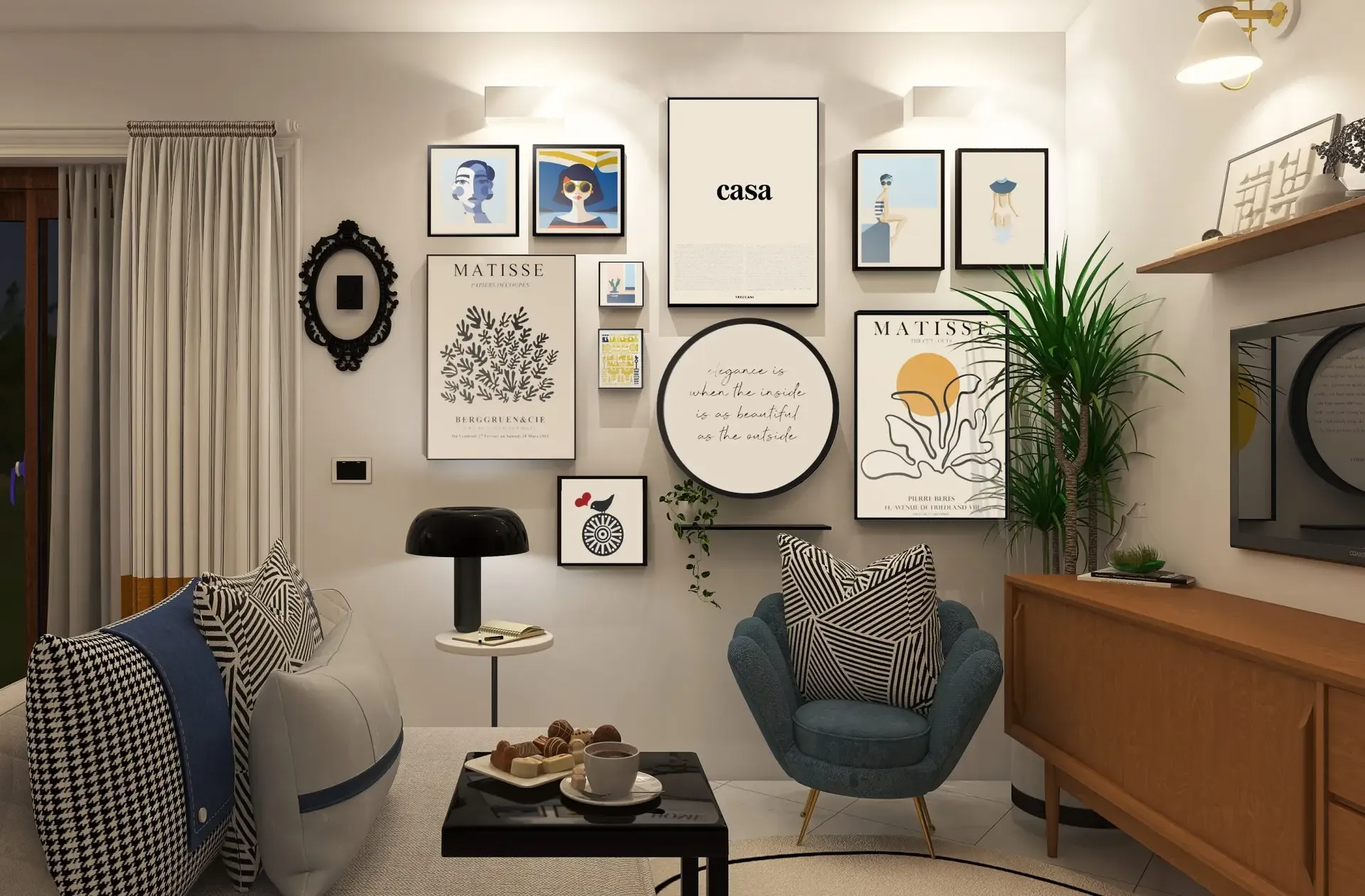 Render del soggiorno di Yellow House, seconda inquadratura