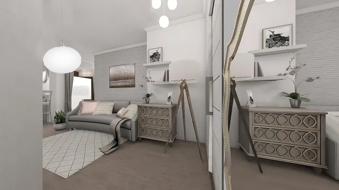 Render del soggiorno di Pink House, seconda inquadratura