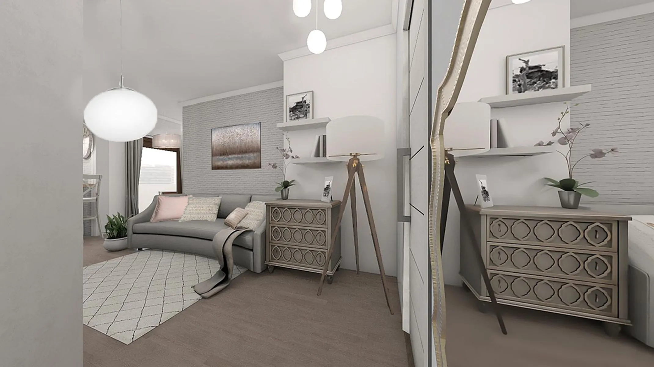 Render del soggiorno di Pink House, seconda inquadratura