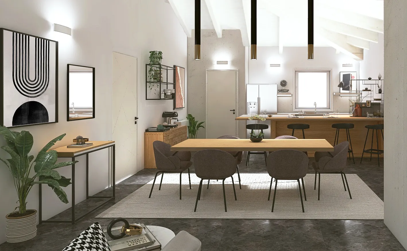 Cucina open space di Green House a Donori, render della proposta di progetto