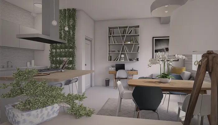 Render della cucina di Light Blue House, terza inquadratura con isola