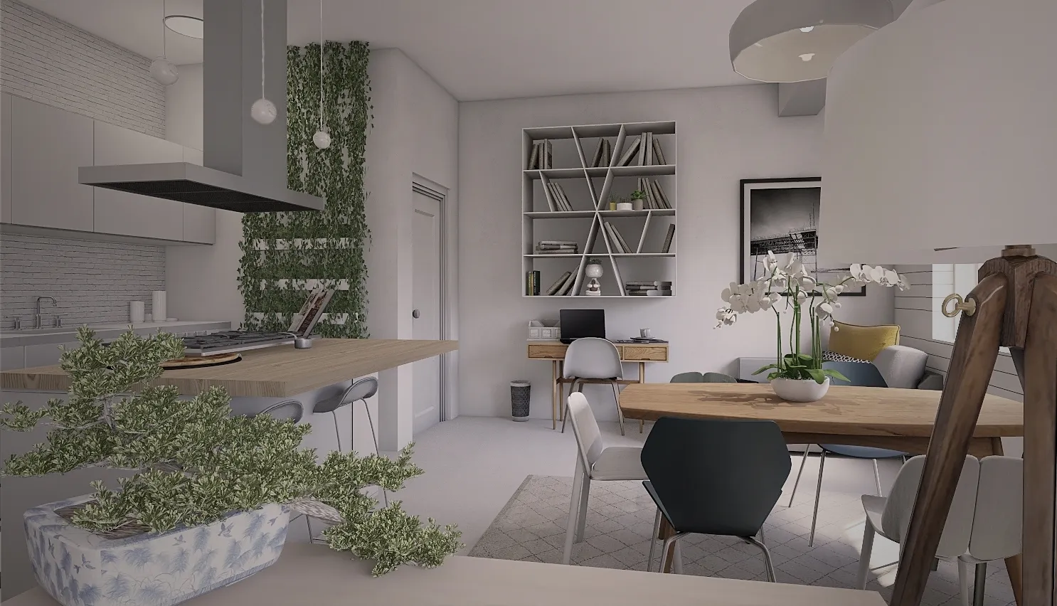 Render della cucina di Light Blue House, terza inquadratura con isola