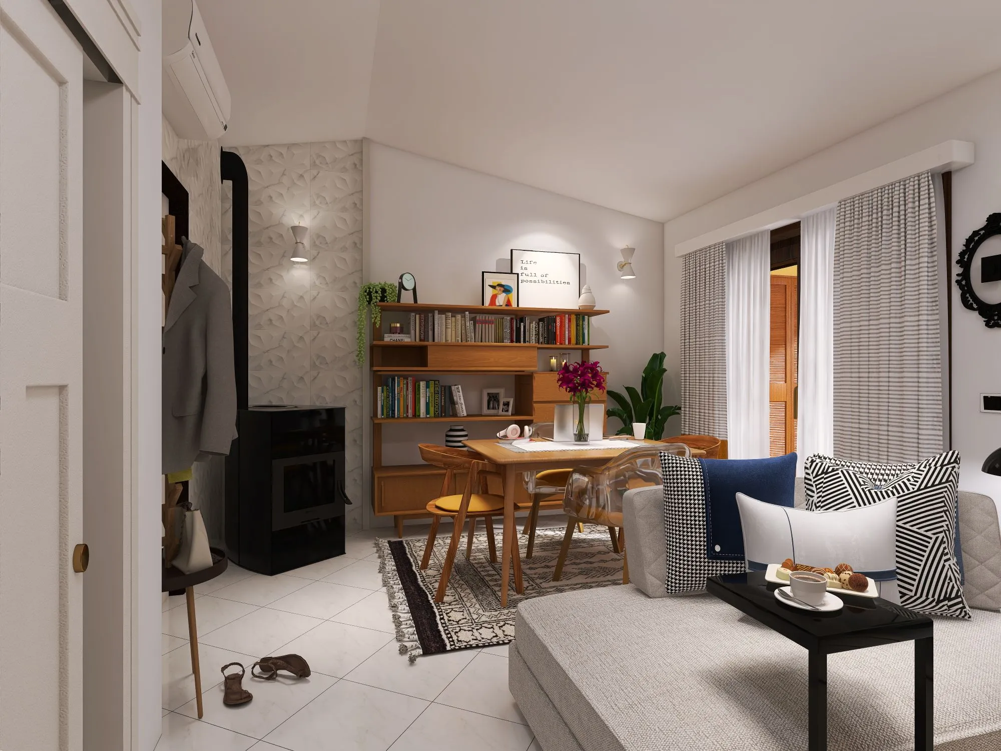 Render del soggiorno di Yellow House, angolo pranzo con stufa e libreria