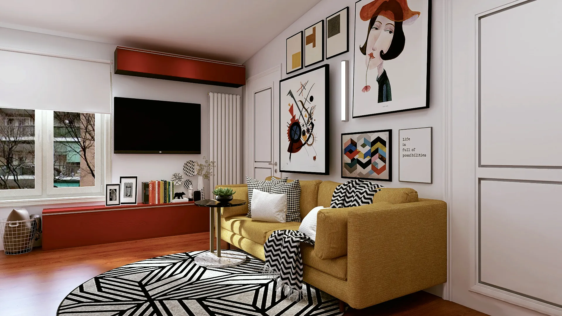 Soggiorno di Red House a Milano, render della proposta di progetto