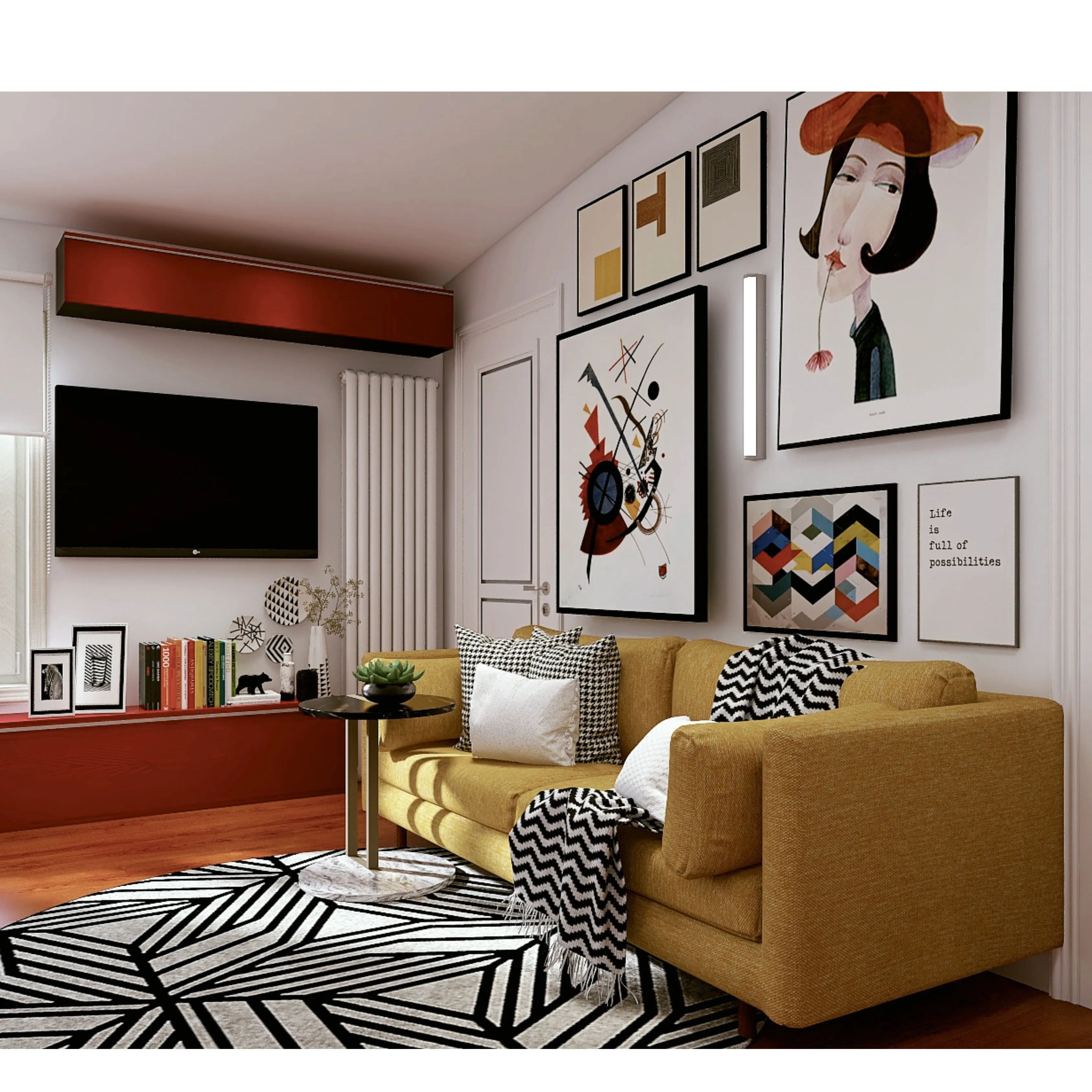 Render del soggiorno di Red House, seconda inquadratura
