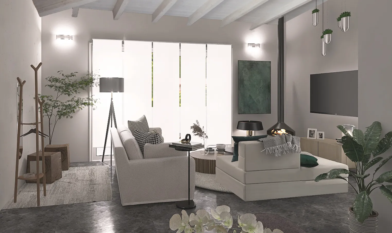 Soggiorno open space di Green House a Donori, render della proposta di progetto